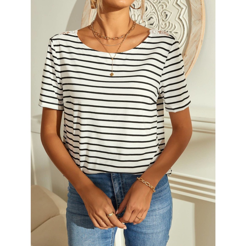 Striped Print Embroidery Lace Tie Back Tee preppy black white - Picture 2 of 5